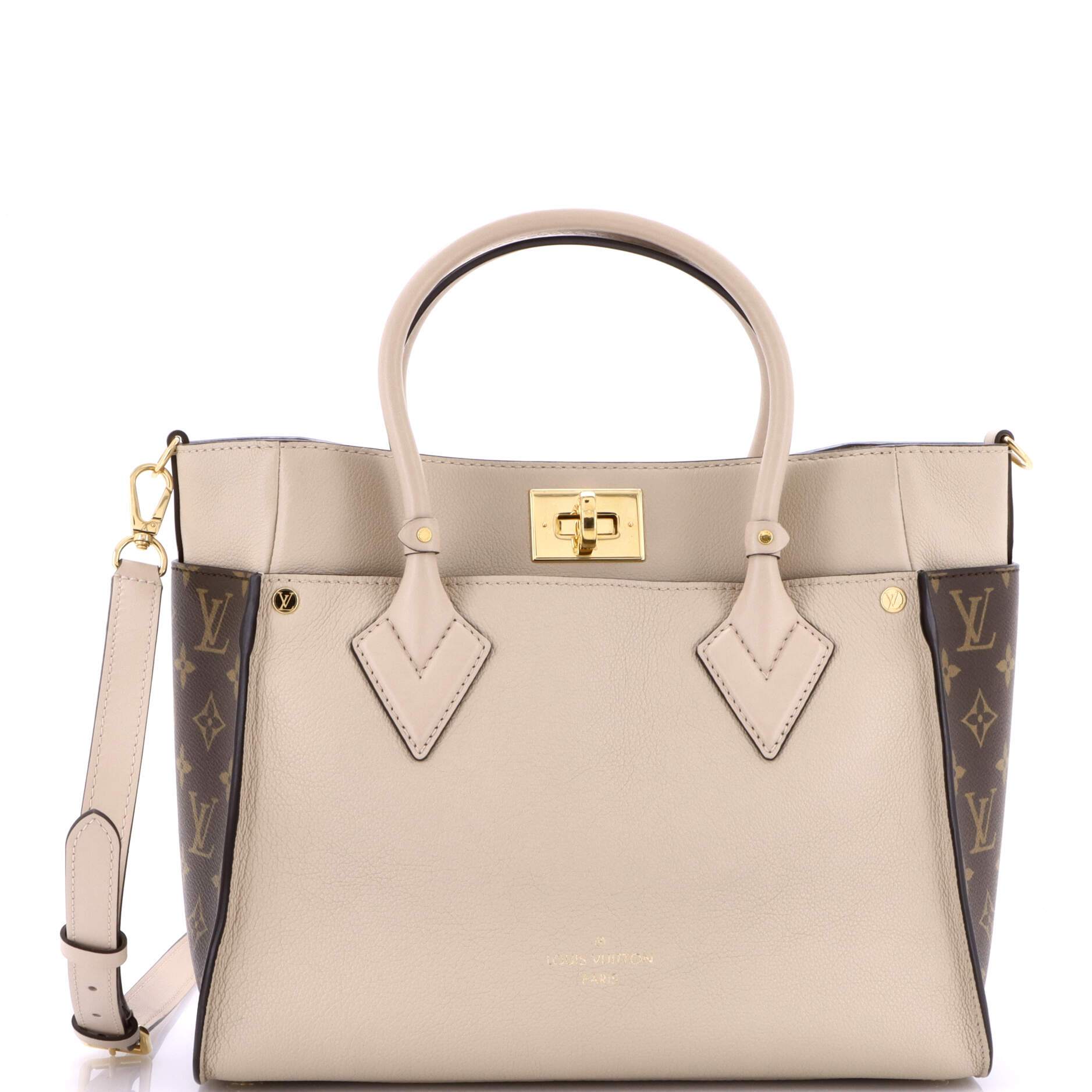 On My Side Tote Leather with Monogram Canvas MM