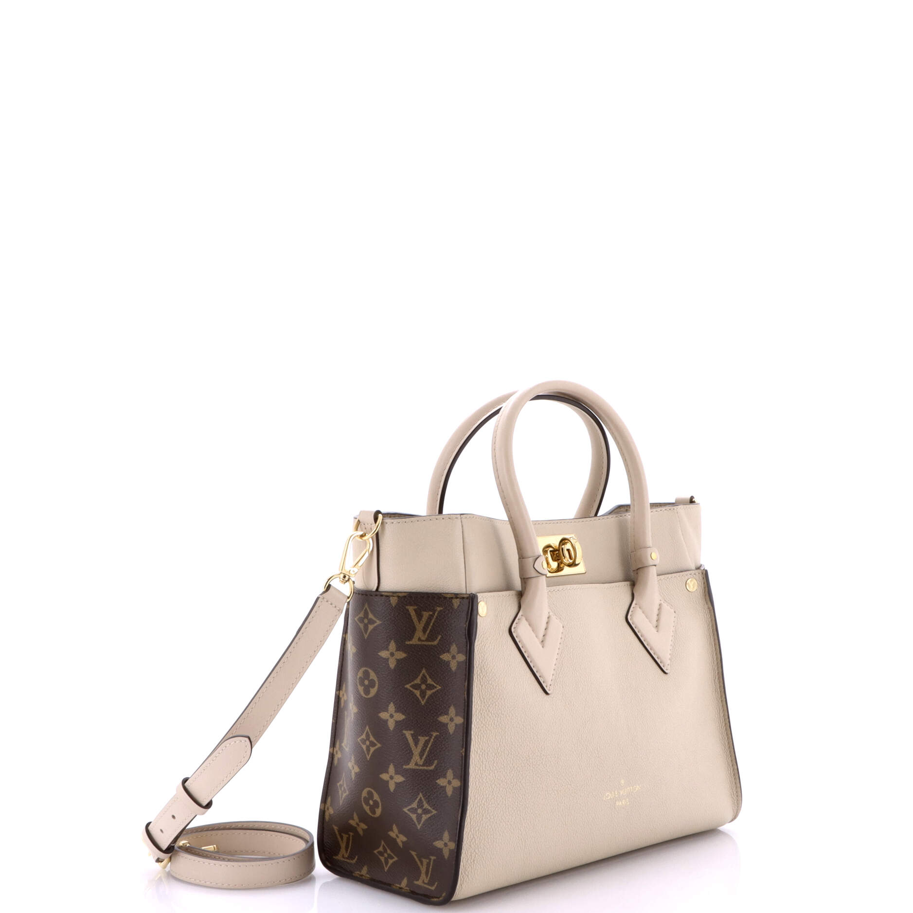 On My Side Tote Leather with Monogram Canvas MM
