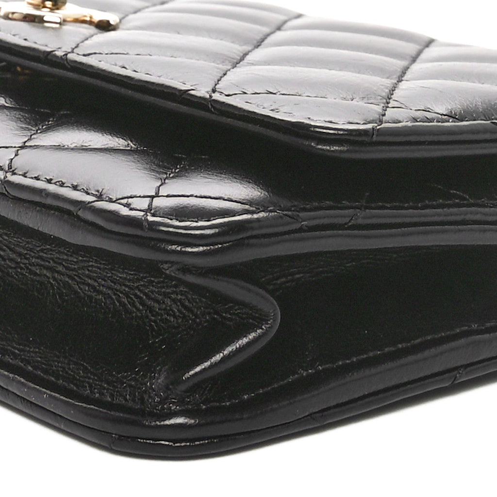 Shiny Aged Calfskin Enamel Logo Quilted Wallet On Chain WOC Black
