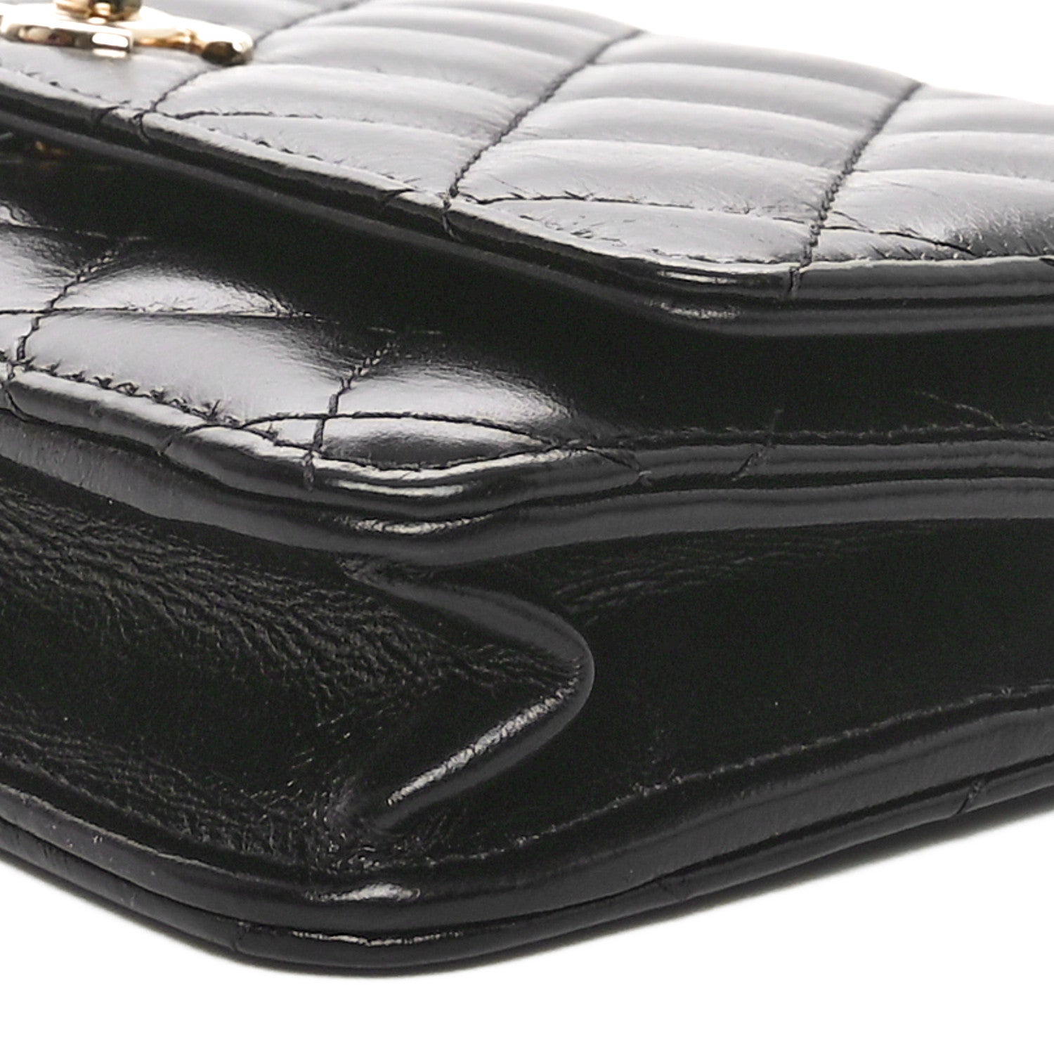 Shiny Aged Calfskin Enamel Logo Quilted Wallet On Chain WOC Black
