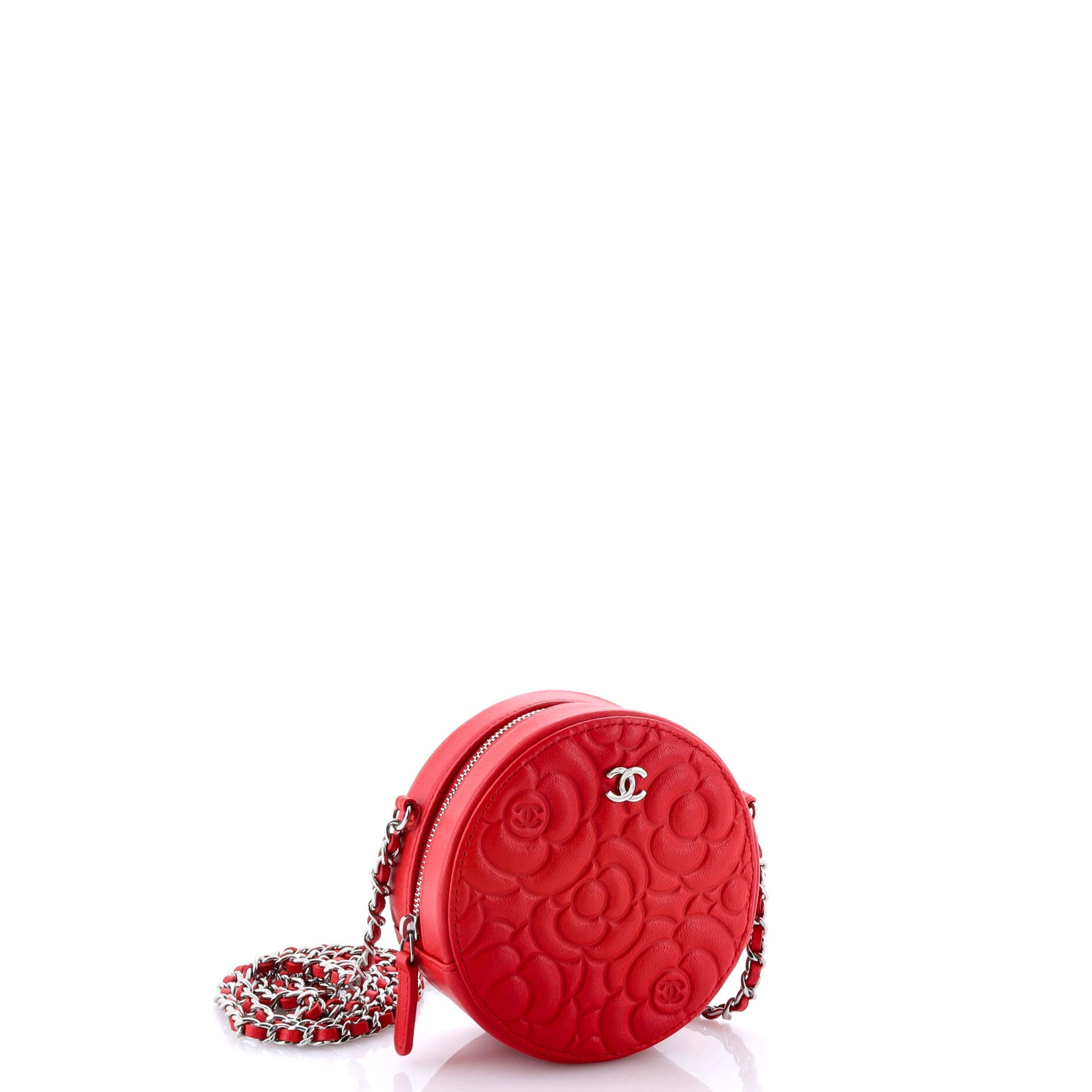 Round Clutch with Chain Camellia Goatskin Mini