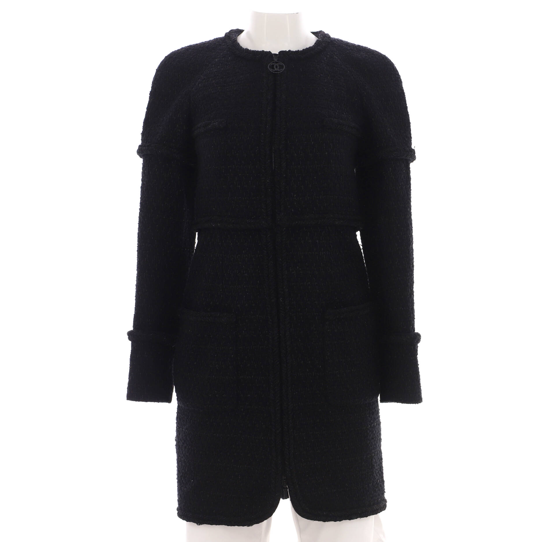 Women's Collarless Zip Up Long Coat Tweed
