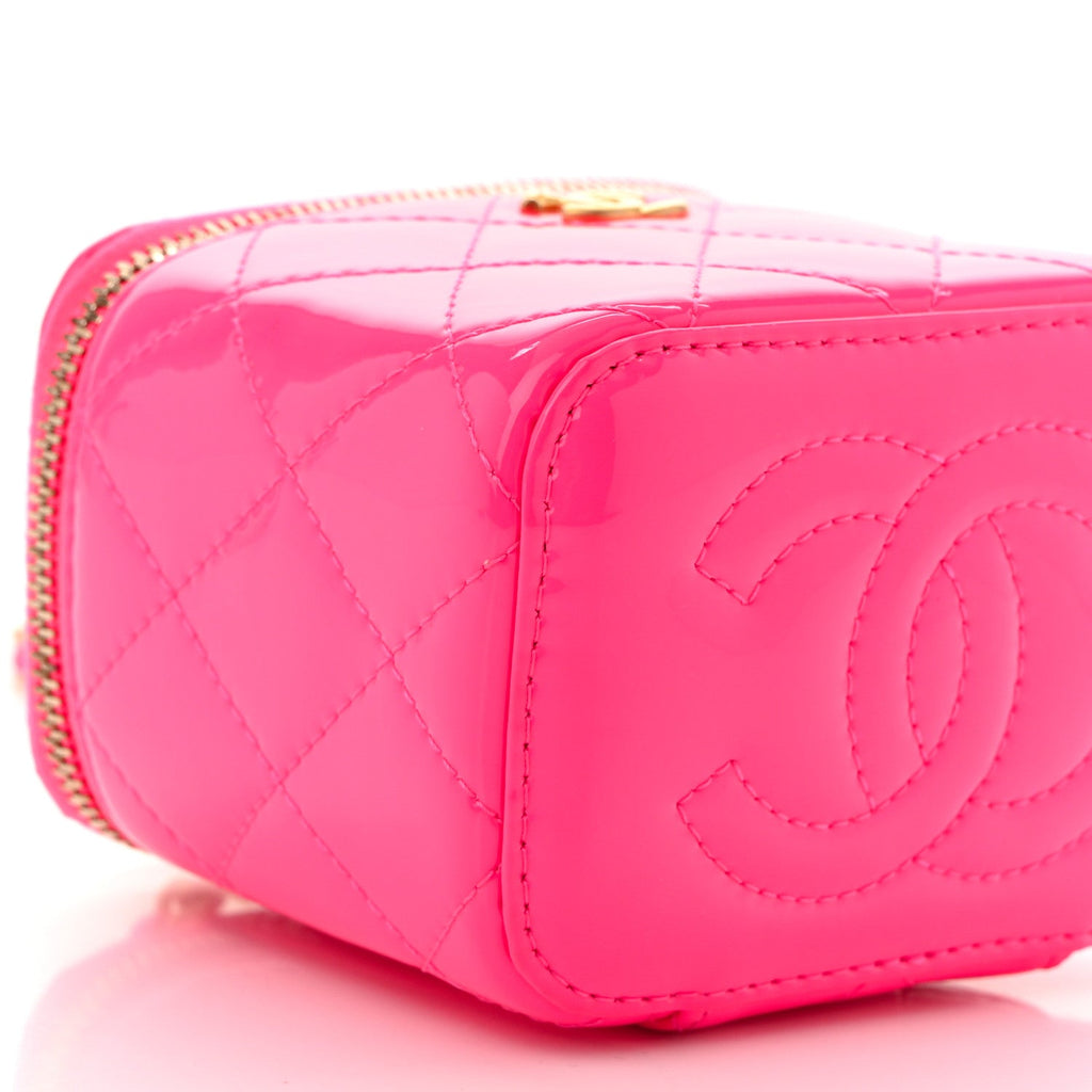 Patent Quilted Pearl Crush Mini Vanity Case With Chain Neon Pink