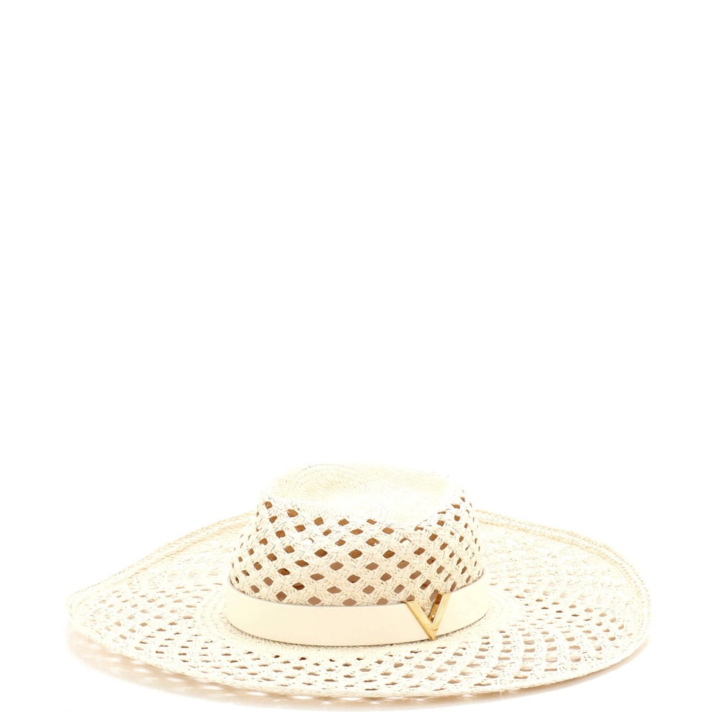 V Signature Sun Hat Woven Straw with Leather