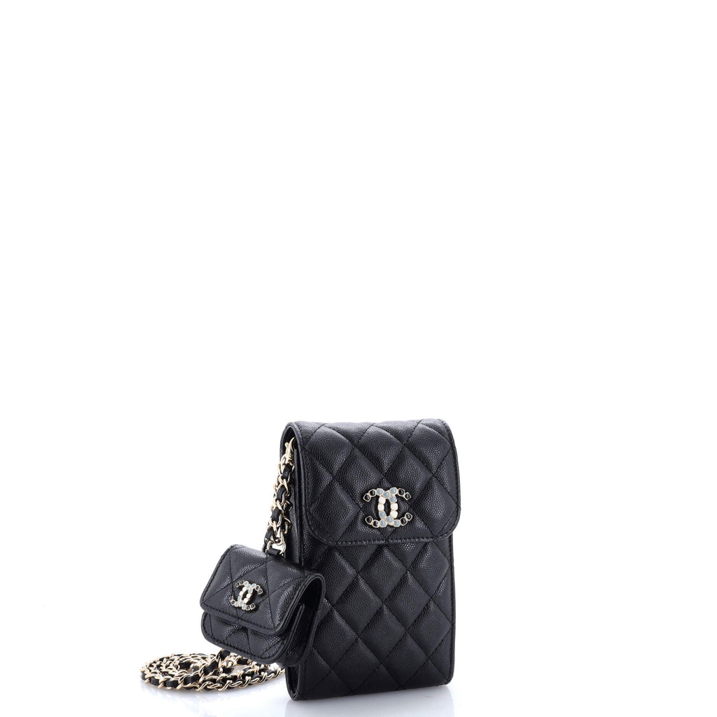 Crystal CC Flap Phone Holder Crossbody Bag with AirPods Pro Case Quilted Caviar