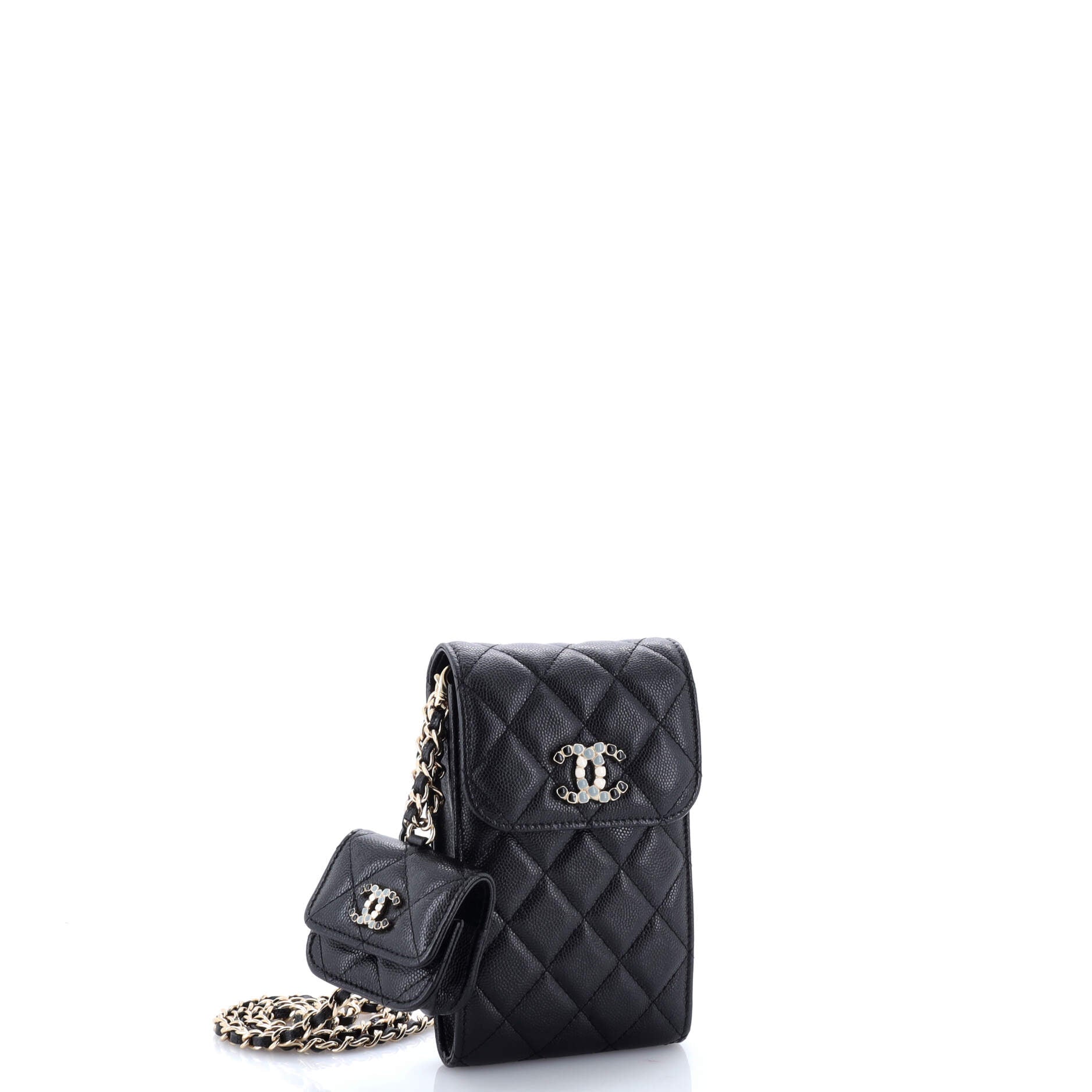 Crystal CC Flap Phone Holder Crossbody Bag with AirPods Pro Case Quilted Caviar