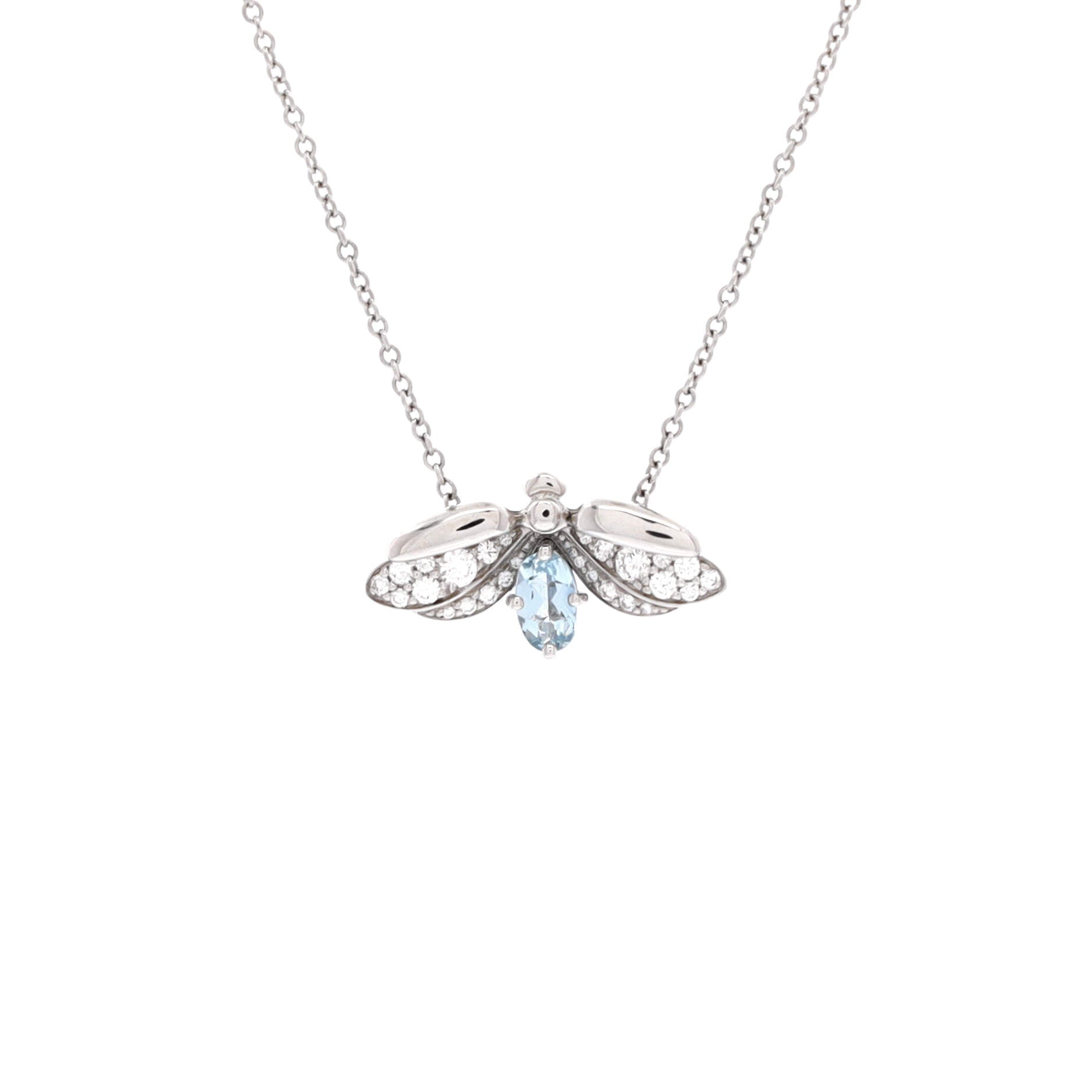 Paper Flowers Firefly Pendant Necklace Platinum with Diamonds and Aquamarine Small