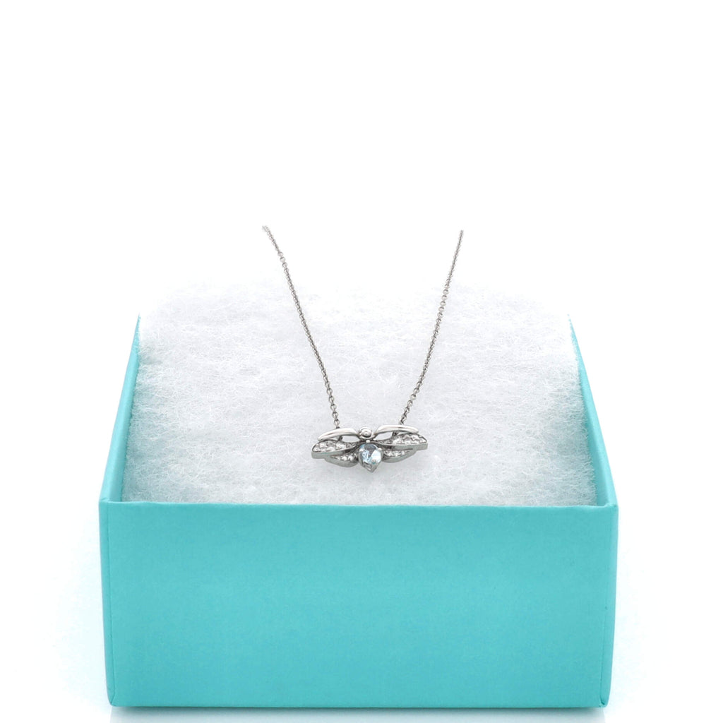 Paper Flowers Firefly Pendant Necklace Platinum with Diamonds and Aquamarine Small