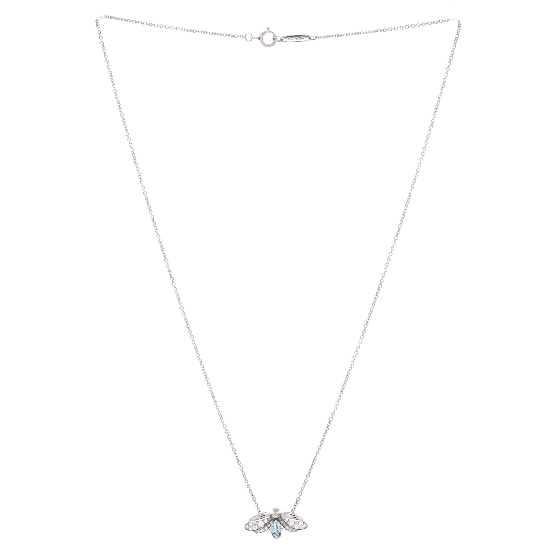 Paper Flowers Firefly Pendant Necklace Platinum with Diamonds and Aquamarine Small