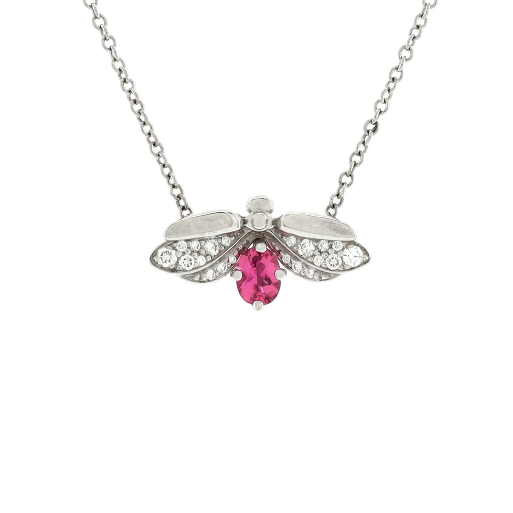 Paper Flowers Firefly Pendant Necklace Platinum with Diamonds and Pink Tourmaline Small