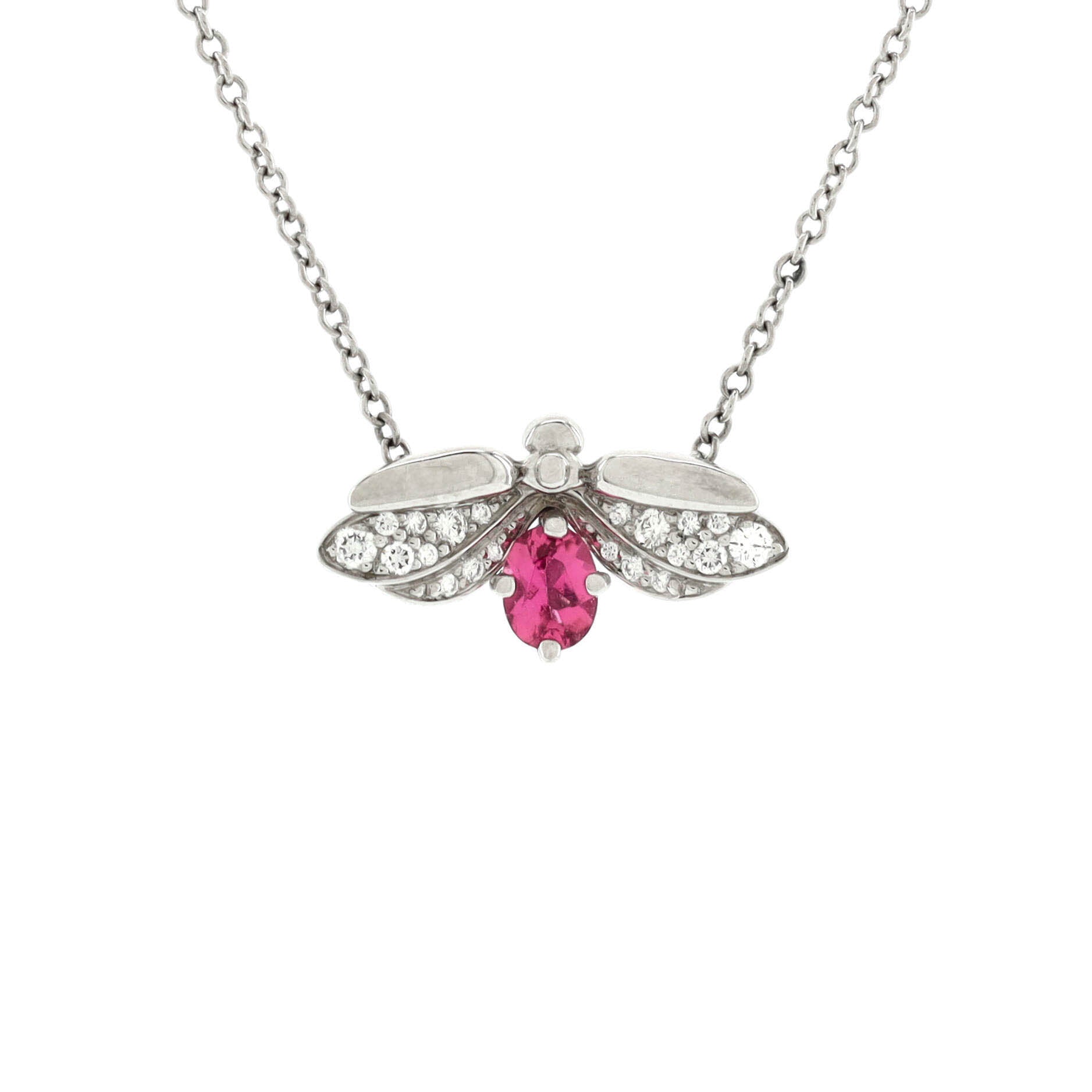 Paper Flowers Firefly Pendant Necklace Platinum with Diamonds and Pink Tourmaline Small