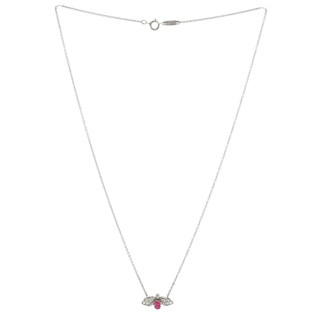 Paper Flowers Firefly Pendant Necklace Platinum with Diamonds and Pink Tourmaline Small