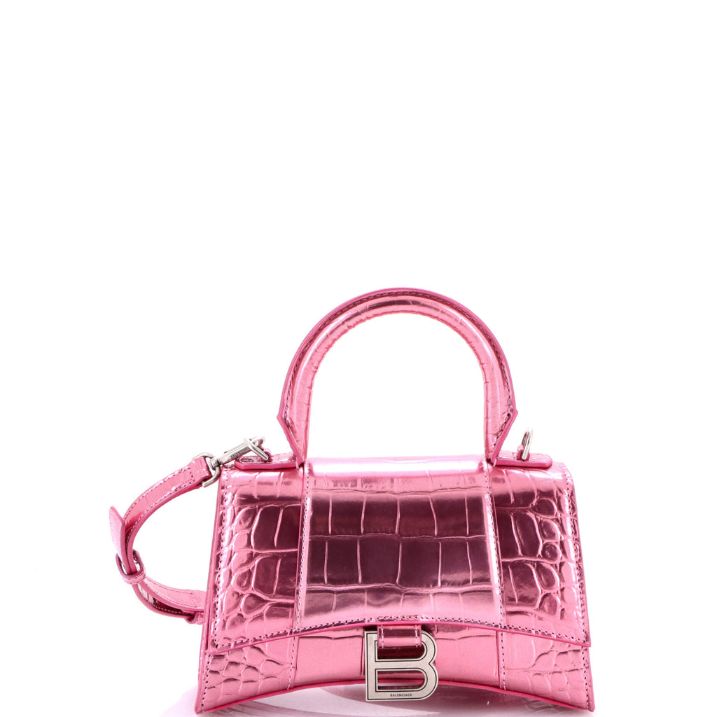 Hourglass Top Handle Bag Crocodile Embossed Leather XS