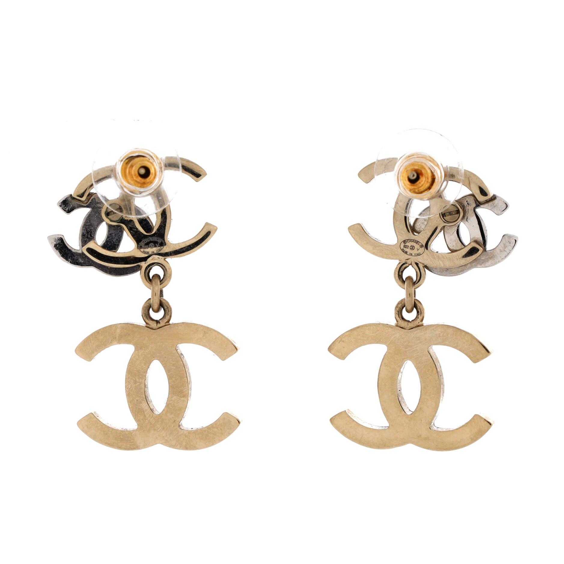 Triple CC Drop Earrings Metal with Crystals and Faux Pearls