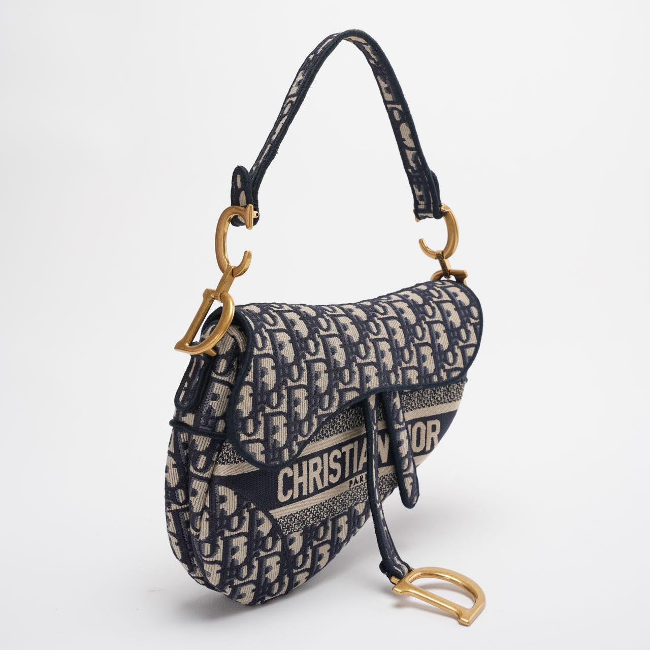 Dior Saddle Bag Blue Oblique Embroidery Bag Medium with Shoulder Strap 2021