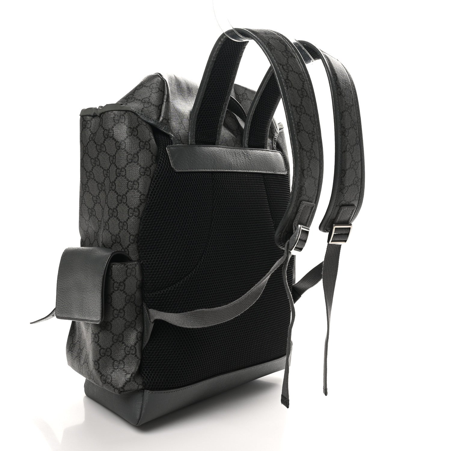 GG Supreme Monogram Textured Dollar Calfskin Medium Ophidia Double Buckle Backpack Grey Black Graphite Grey