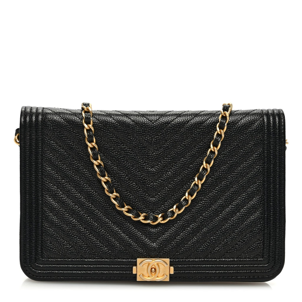 Caviar Chevron Quilted Boy Wallet On Chain WOC Black