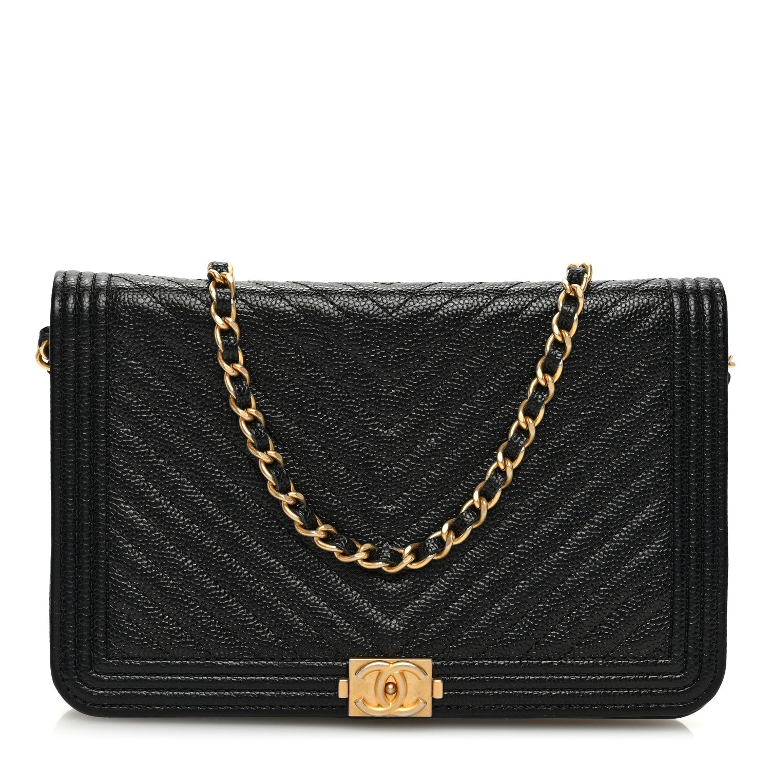 Caviar Chevron Quilted Boy Wallet On Chain WOC Black