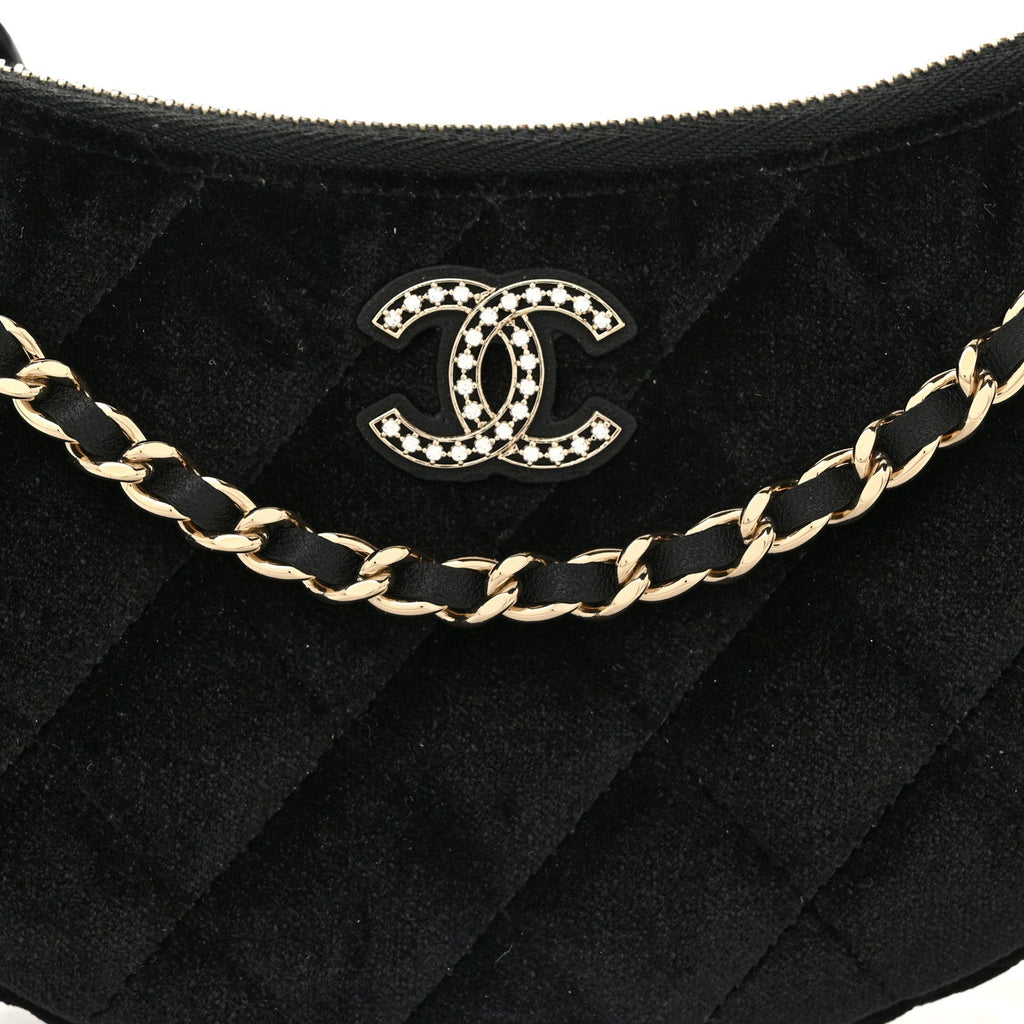 Velvet Crystal Quilted Chain Hobo Black