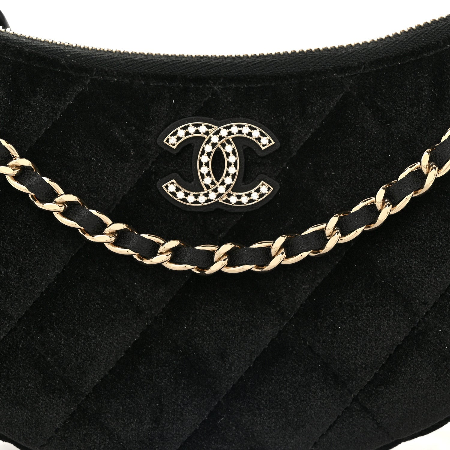 Velvet Crystal Quilted Chain Hobo Black
