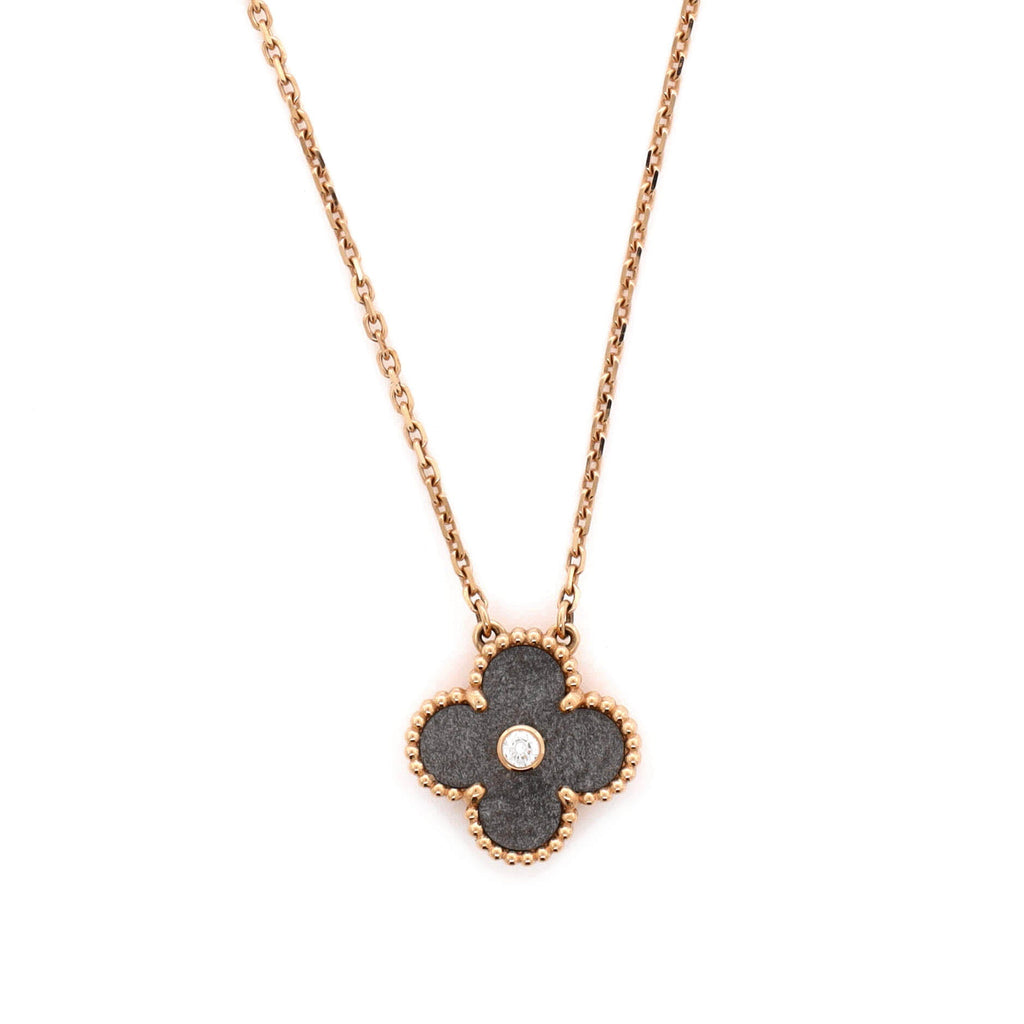 Vintage Alhambra Pendant Necklace 18K Rose Gold and Silver Obsidian with Diamond