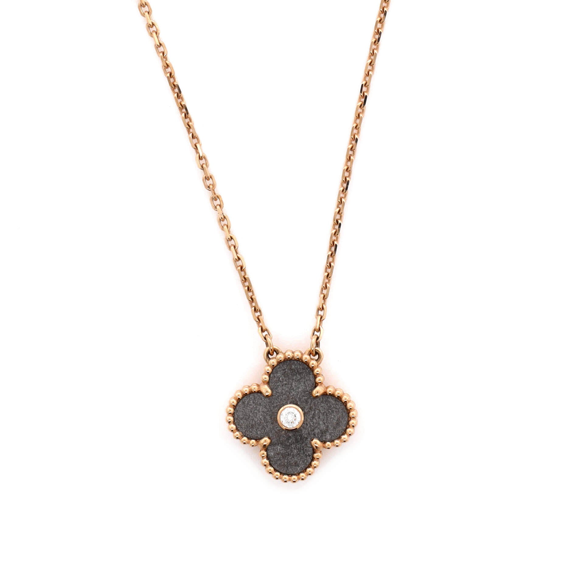 Vintage Alhambra Pendant Necklace 18K Rose Gold and Silver Obsidian with Diamond