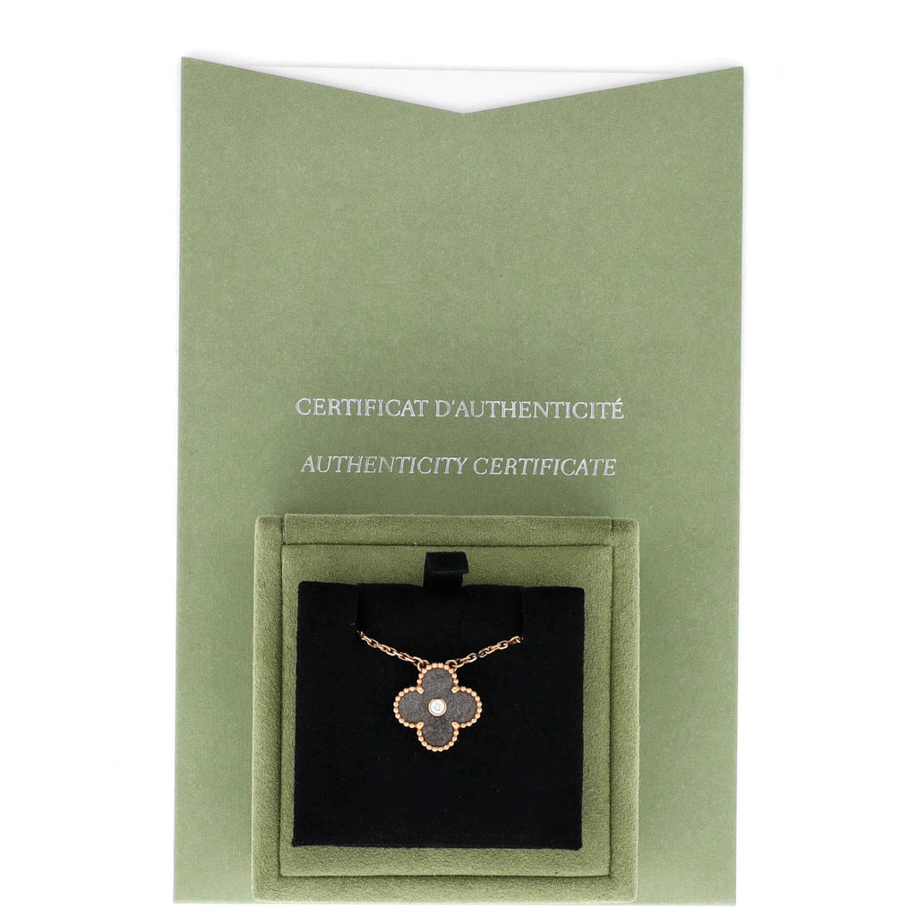 Vintage Alhambra Pendant Necklace 18K Rose Gold and Silver Obsidian with Diamond