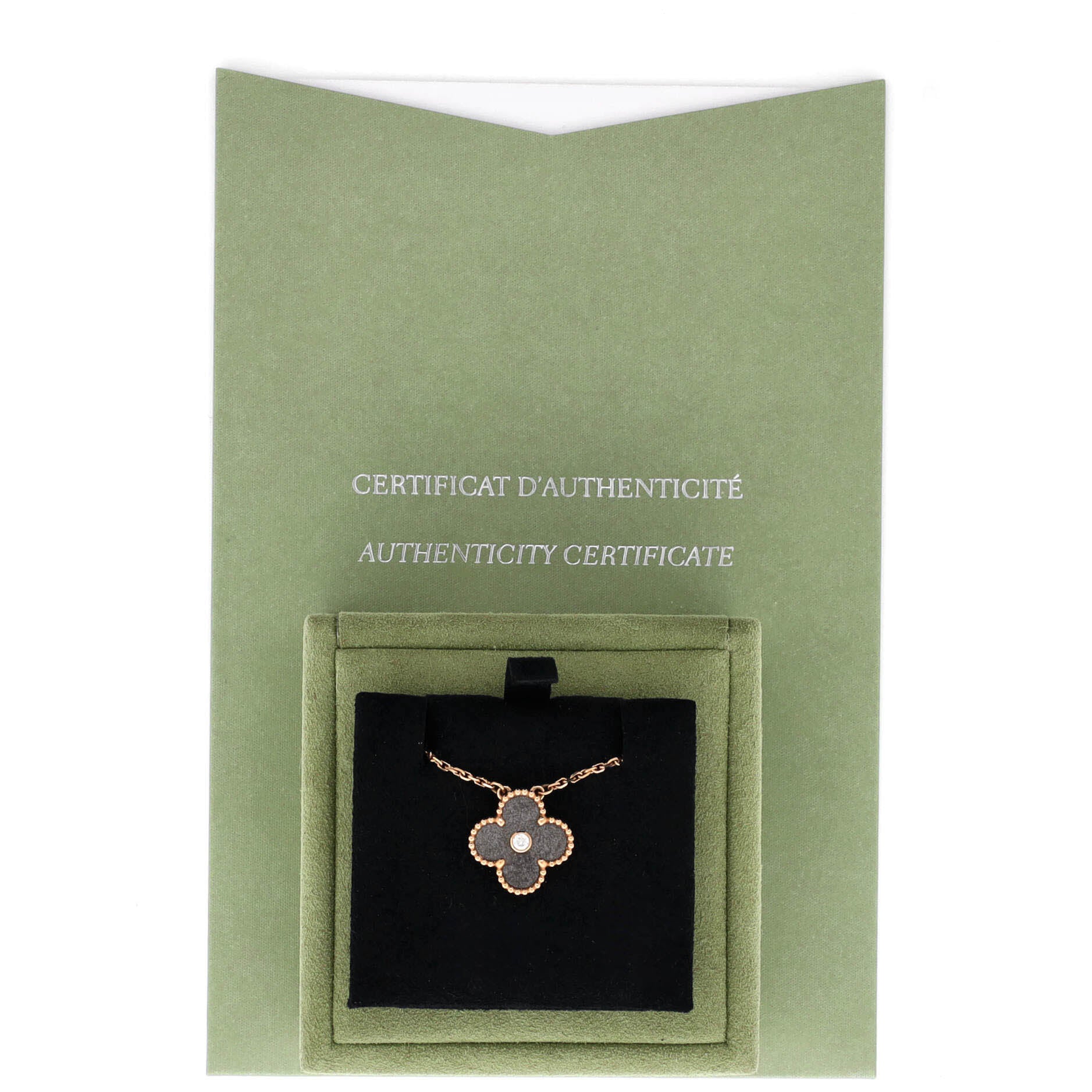 Vintage Alhambra Pendant Necklace 18K Rose Gold and Silver Obsidian with Diamond