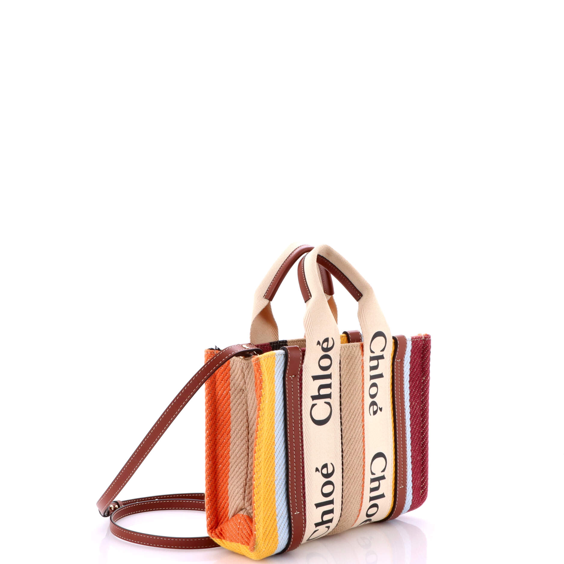Woody Tote Striped Canvas with Leather Small