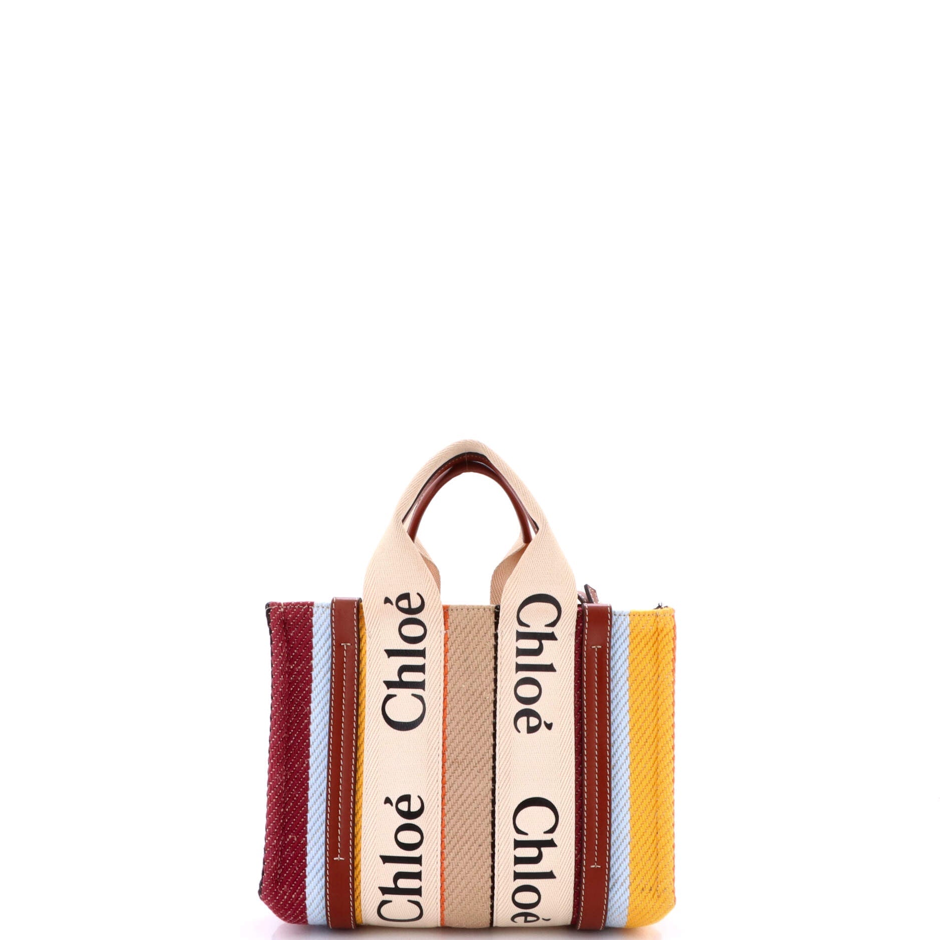 Woody Tote Striped Canvas with Leather Small