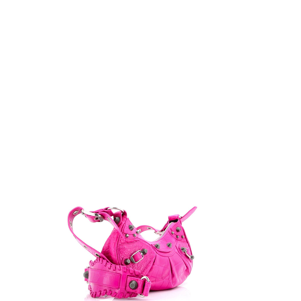 Le Cagole Giant Studs Shoulder Bag Crocodile Embossed Leather XS