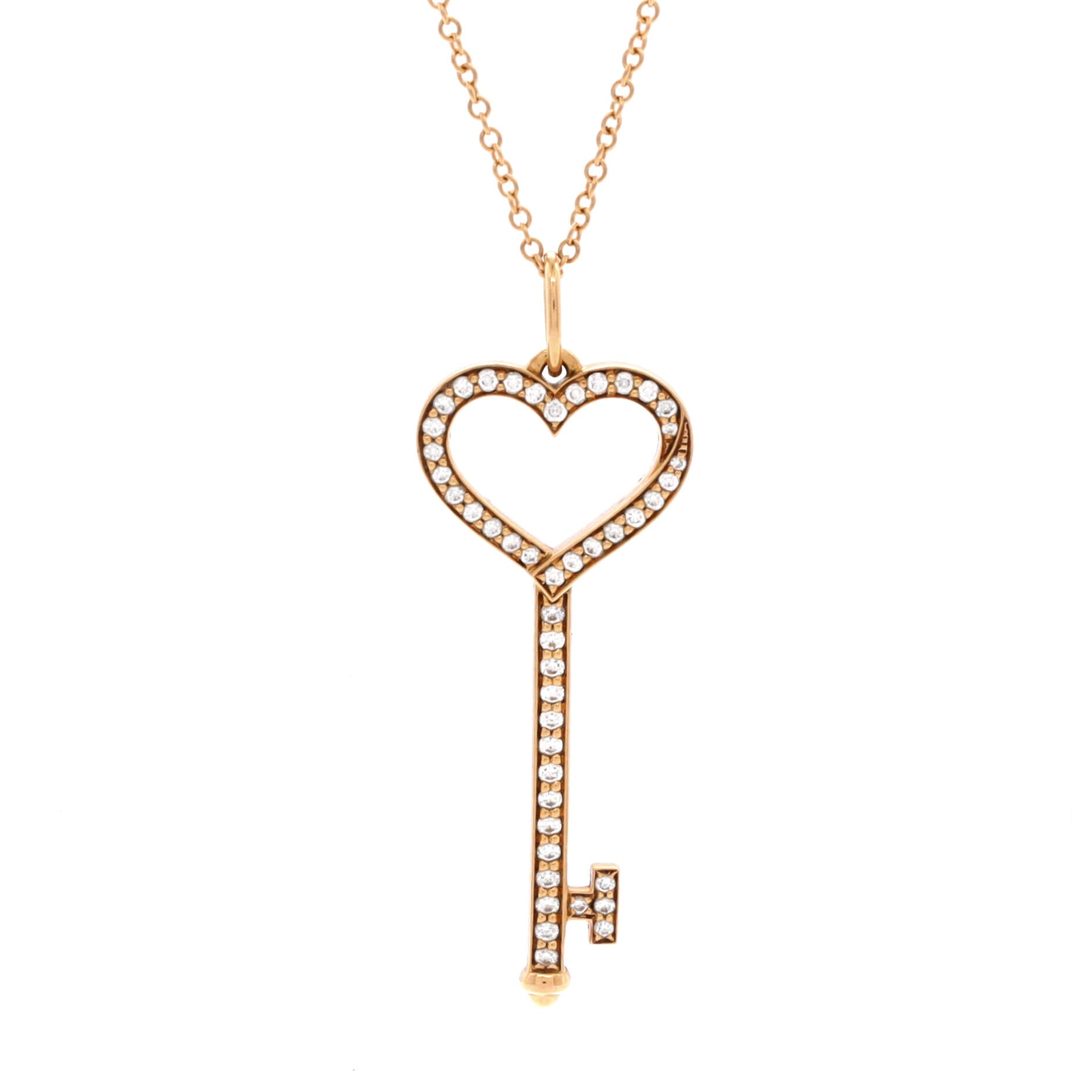 Open Heart Key Pendant Necklace 18K Rose Gold with Pave Diamonds Small