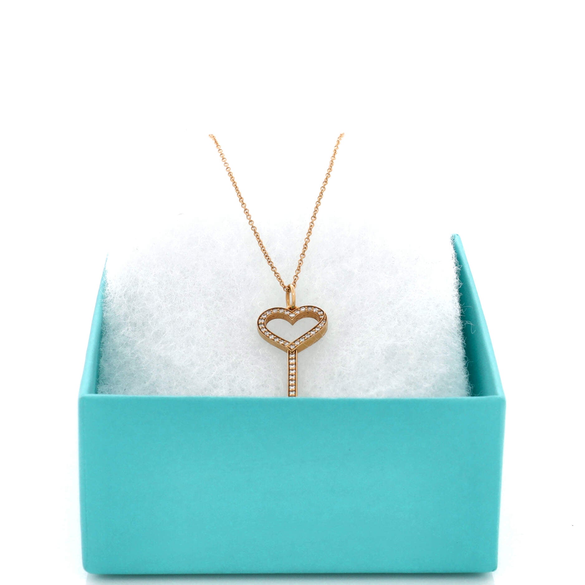 Open Heart Key Pendant Necklace 18K Rose Gold with Pave Diamonds Small