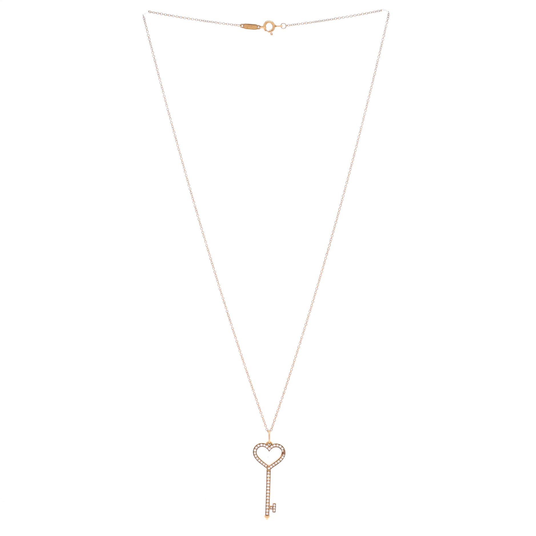 Open Heart Key Pendant Necklace 18K Rose Gold with Pave Diamonds Small