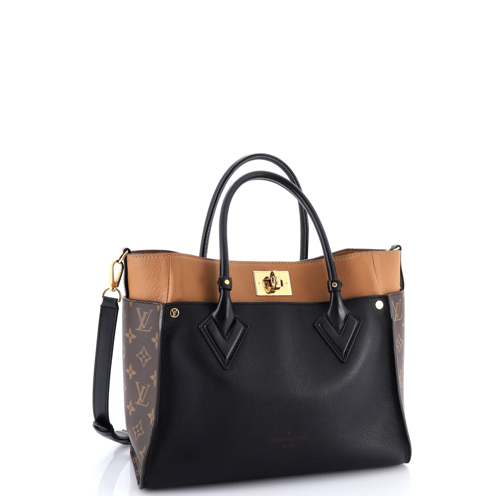 On My Side Tote Leather with Monogram Canvas MM