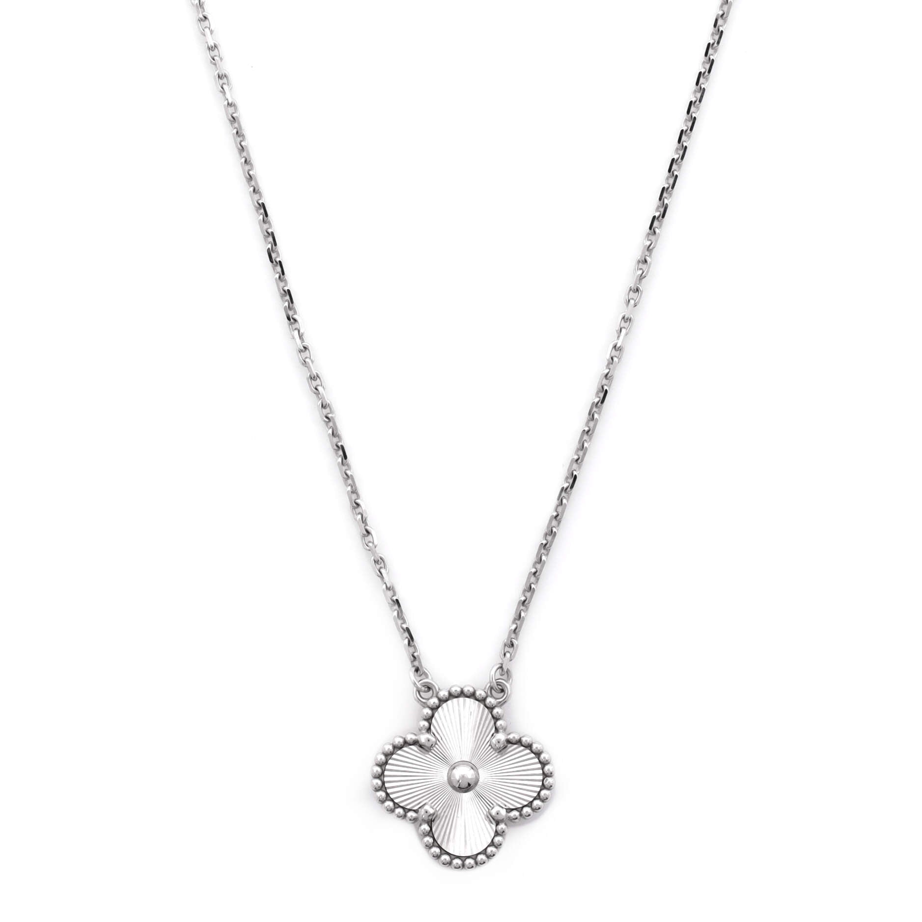 Vintage Alhambra Pendant Necklace Guilloche 18K White Gold with Diamond
