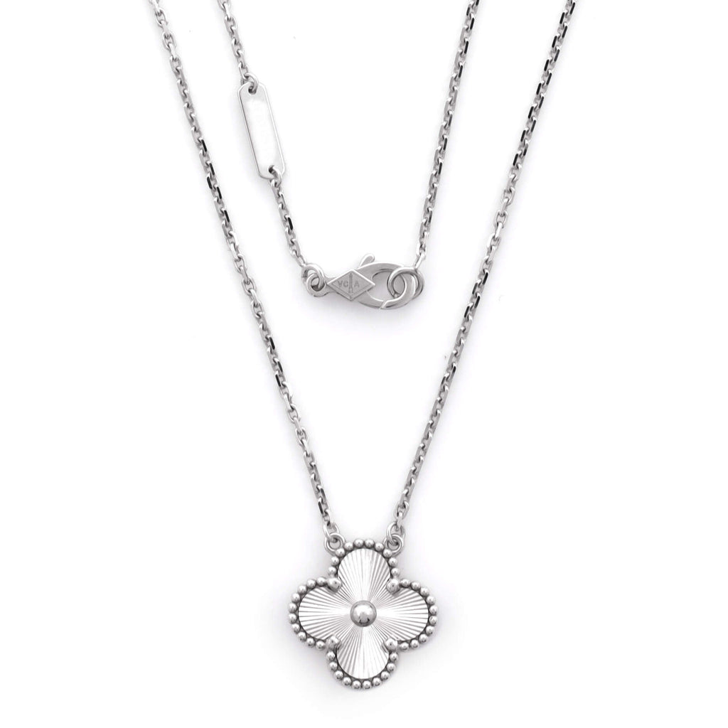 Vintage Alhambra Pendant Necklace Guilloche 18K White Gold with Diamond