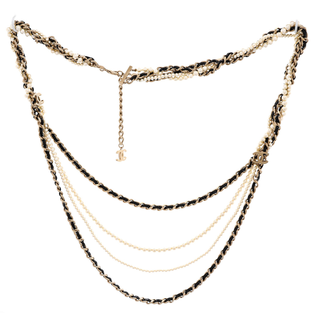CC Braided Multistrand Long Necklace Metal with Leather and Faux Pearls