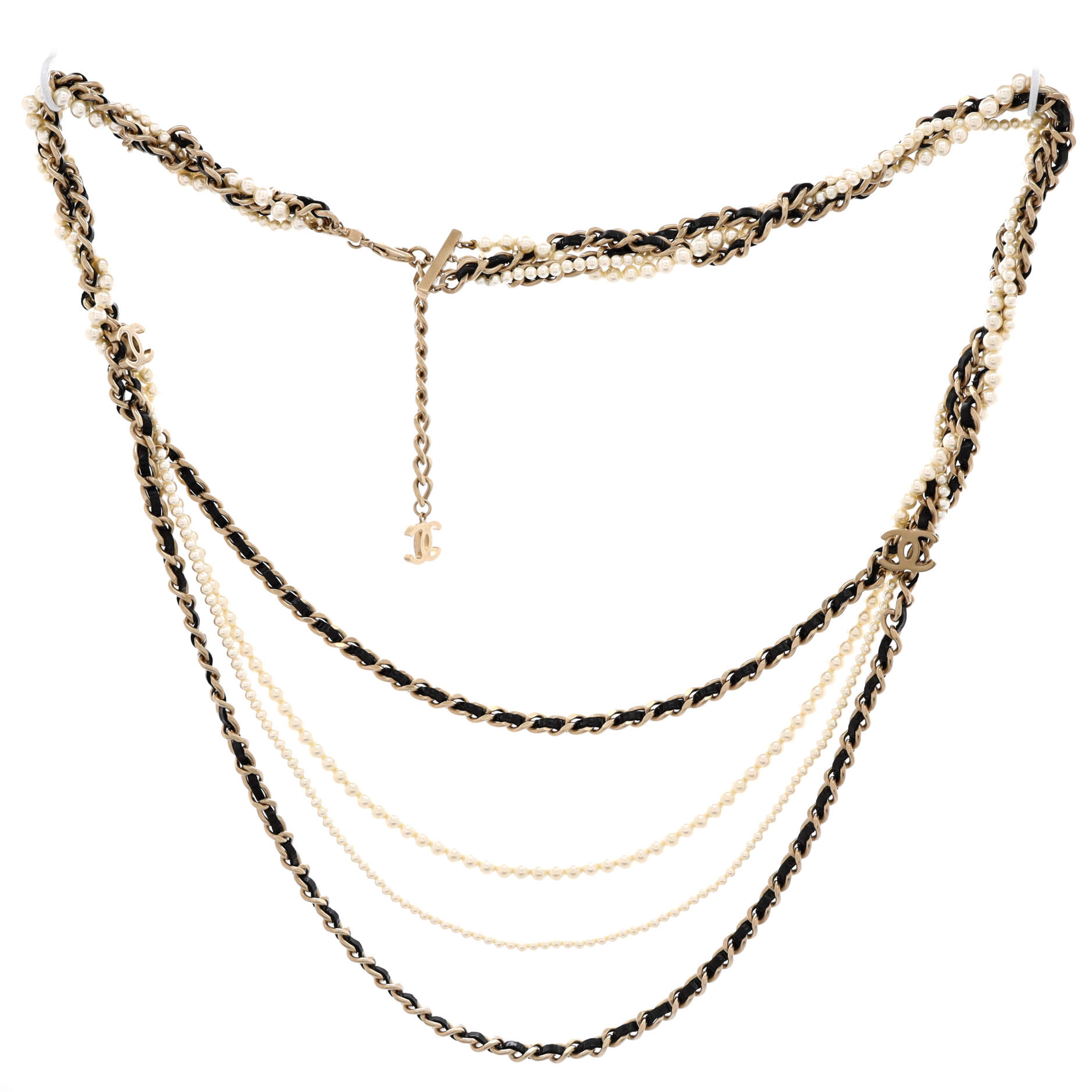 CC Braided Multistrand Long Necklace Metal with Leather and Faux Pearls