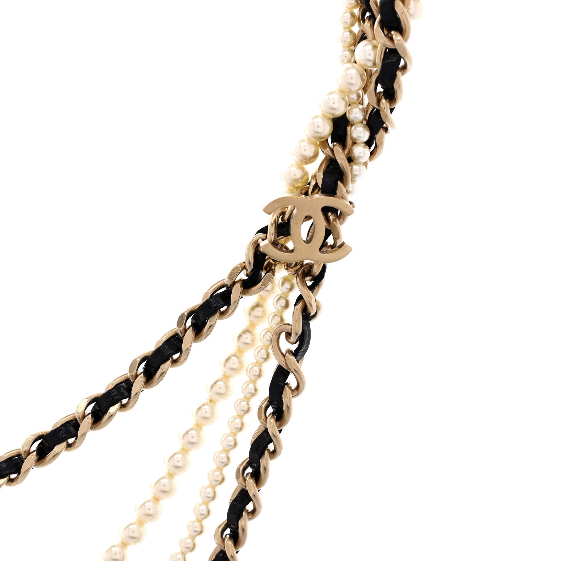 CC Braided Multistrand Long Necklace Metal with Leather and Faux Pearls