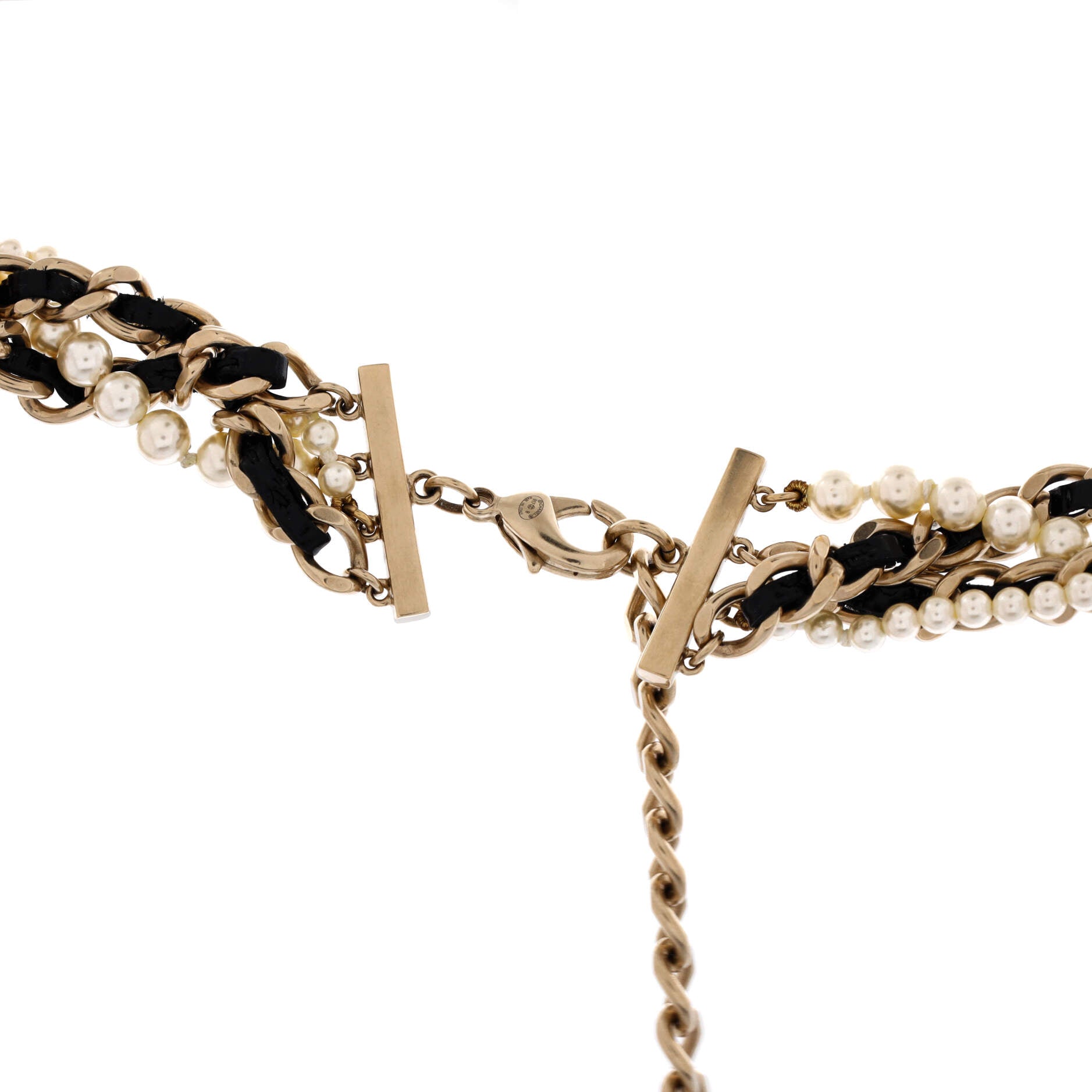 CC Braided Multistrand Long Necklace Metal with Leather and Faux Pearls