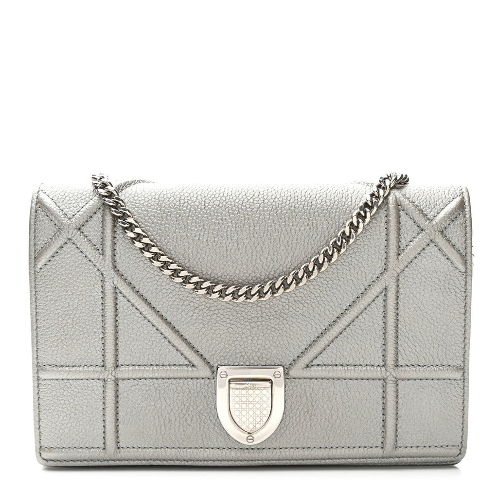 Metallic Grained Calfskin Diorama Wallet on Chain Pouch Silver