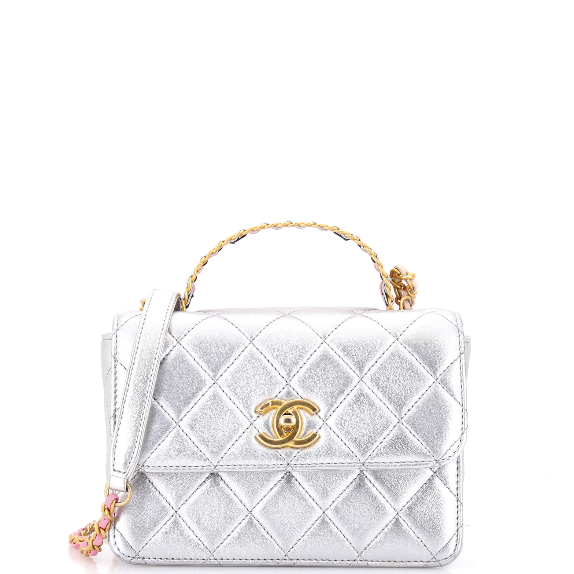 Logo Links Top Handle Flap Bag Quilted Calfskin Mini
