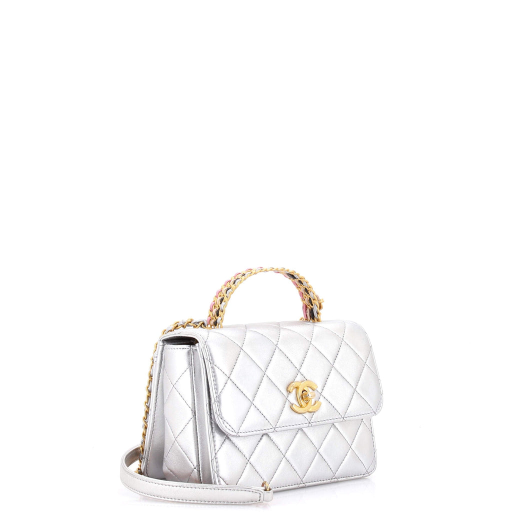 Logo Links Top Handle Flap Bag Quilted Calfskin Mini