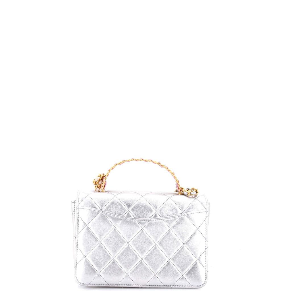 Logo Links Top Handle Flap Bag Quilted Calfskin Mini