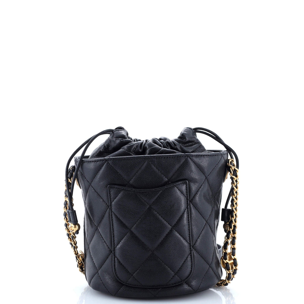 Twist Your Buttons Drawstring Bucket Bag Quilted Caviar Small