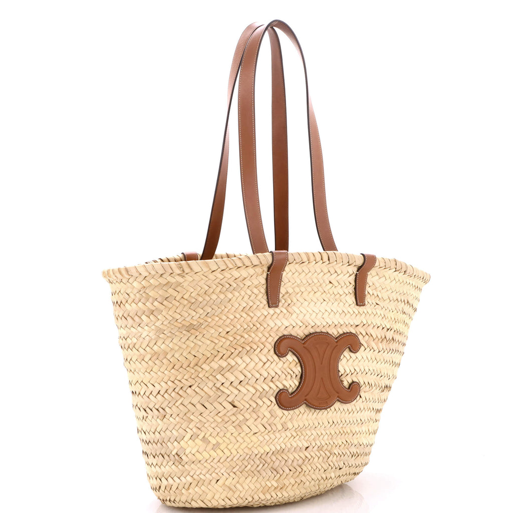 Triomphe Basket Shoulder Bag Raffia with Leather Large