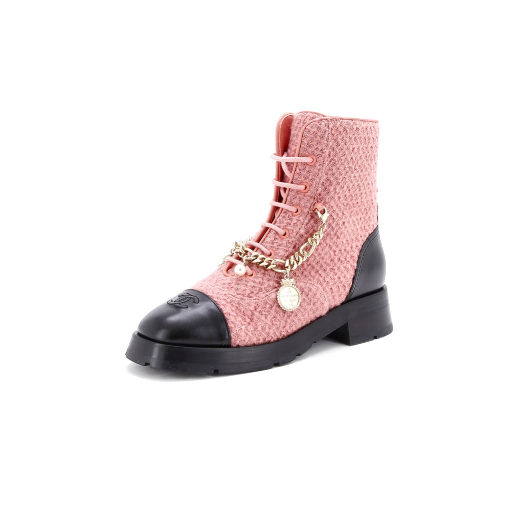 Women's Charm Chain CC Cap Toe Combat Boots Tweed and Leather