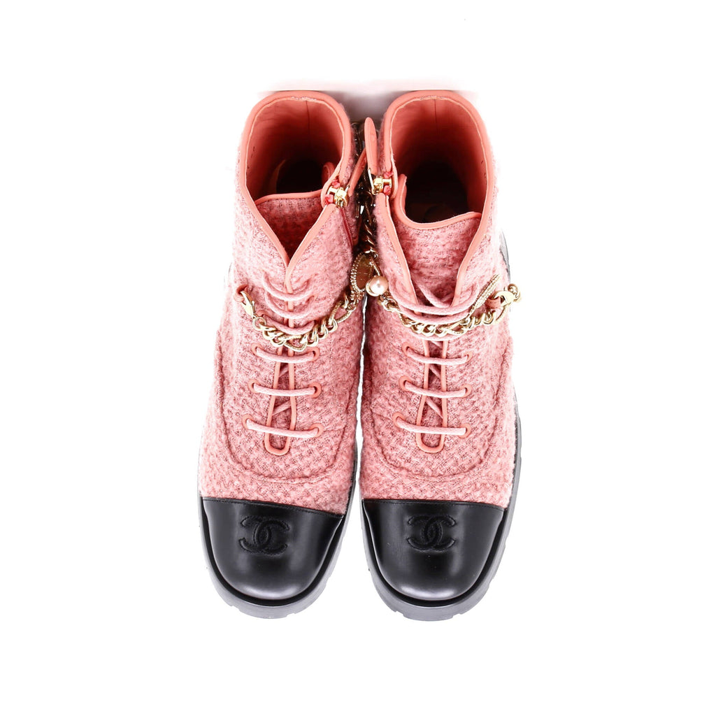 Women's Charm Chain CC Cap Toe Combat Boots Tweed and Leather