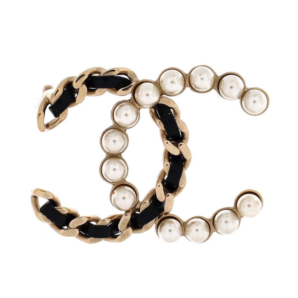CC Chain Brooch Metal and Leather with Faux Pearls